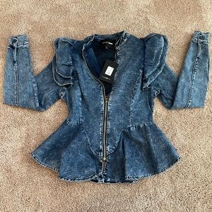 NWT Fashion Nova Ruffle Shoulder Denim Zip Up Jacket sz S